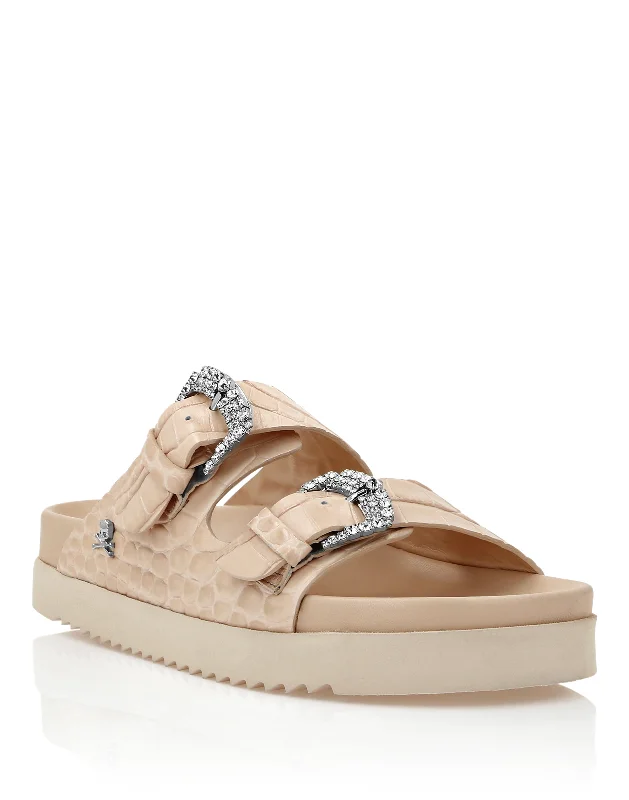 Big Savings Croco Printed Leather Sandals Flat Crystal