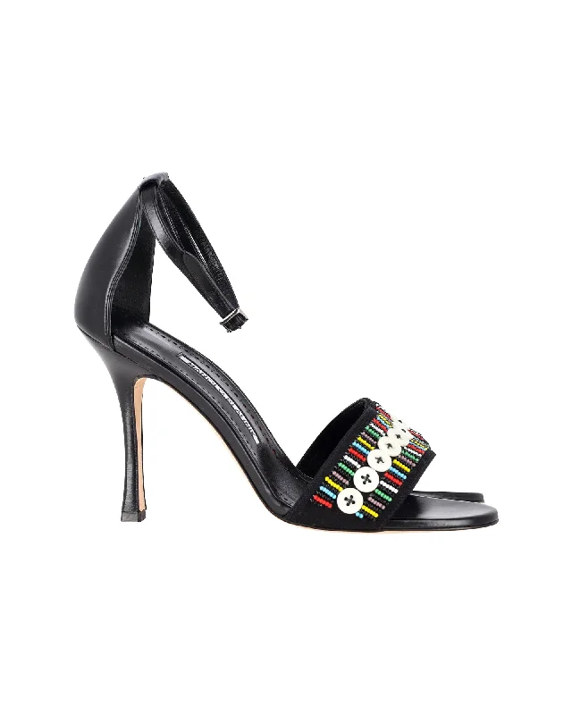 Trend Alert Manolo Blahnik Beaded Open-Toe Sandals in Black Leather