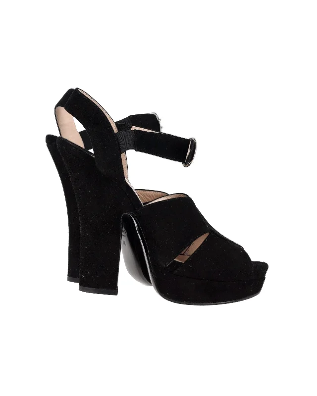 Day-To-Night Styles Prada Peep-Toe Platform Sandals in Black Suede