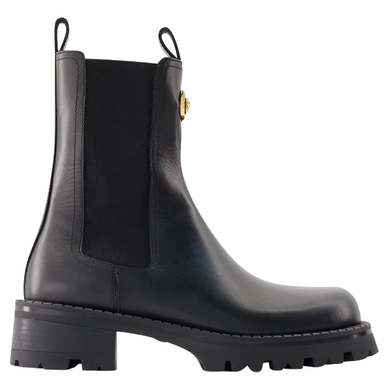 Women's Breathable Flats Booties Ankle Boots - Versace - Leather - Black