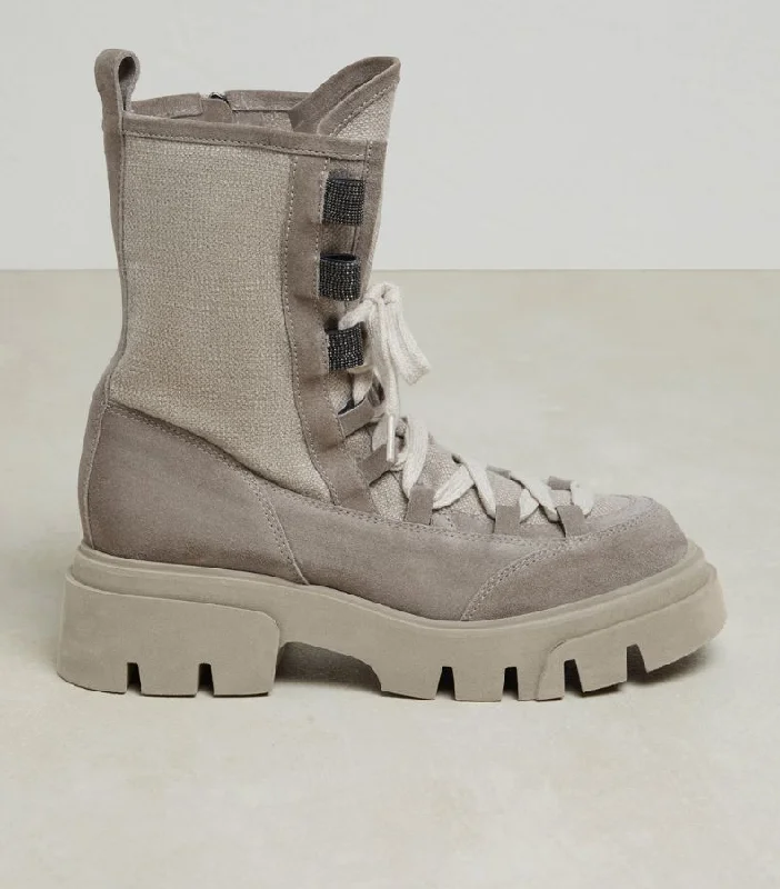 Fashion Deal Brunello Cucinelli Women's Suede Lace Up Boots In Grey