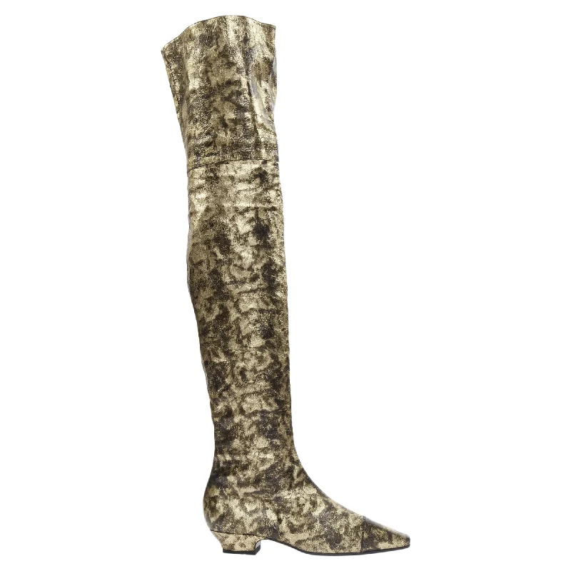 Fashionable Casual Shoes Sale Chanel 18A Gold CC Leather Over Knee Long Boots
