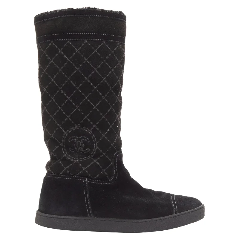 Contemporary Casual Footwear Chanel Matelasse Diamond Quilt Stitch Suede CC Logo Shearling Boots