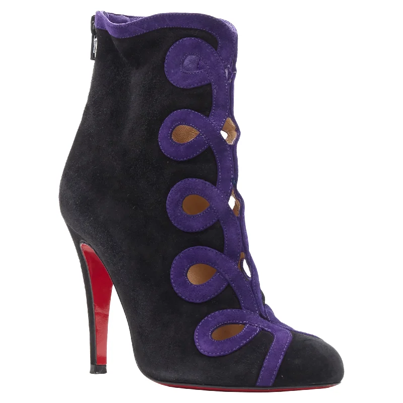 Exclusive Designer Shoes Sale Christian Louboutin suede swirl cut out high heel ankle bootie