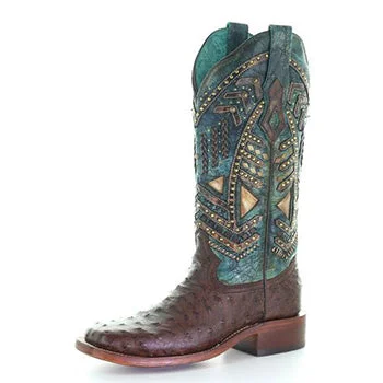 Exclusive Discounts Corral Brown and Turquoise Ostrich Embroidery Stud Boots