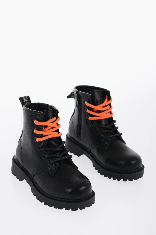Luxury Casual Deals Diesel Kids Leather Combat Boots With Side Zip