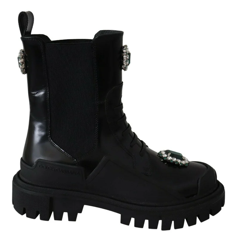 Best Shoe Deals Dolce & Gabbana Elegant  Leather Combat Boots with Crystal Women's Detail