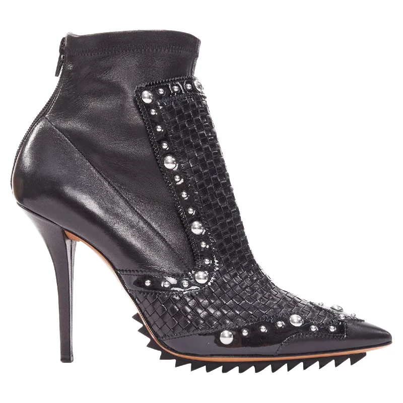 Soft Sole Casual Shoes Givenchy Iron Line Basketweave Leather Silver Studs Pointy Ankle Booties