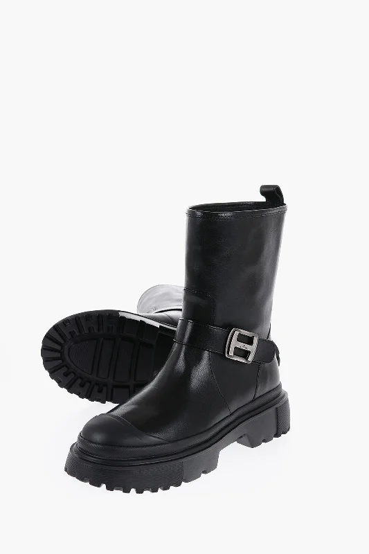 Trendy Looks On Sale Hogan Leather Biker Booties With Strap And Track Sole