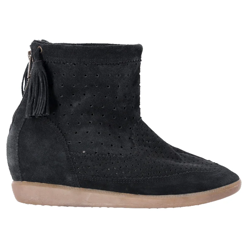 Women's Business Casual Shoes Isabel Marant Basley Tassel-Embellished Wedge Ankle Boots in Black Suede