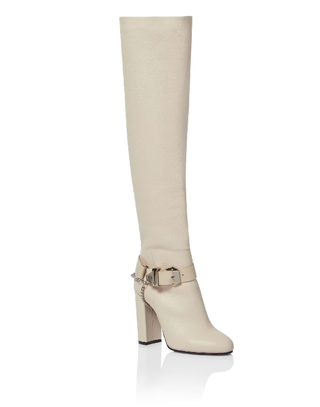 Discover Promotions Leather Boots High Heels High Embossed Hexagon