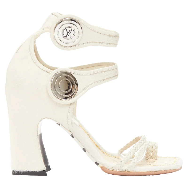 Comfortable Stretch Shoes Promotion Louis Vuitton Anaconda calf hair silver button braided chunky heel
