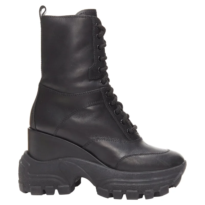 High-Fashion Casual Shoes Miu Miu Leather Logo Lace Up Chunky Wedged Military Boots