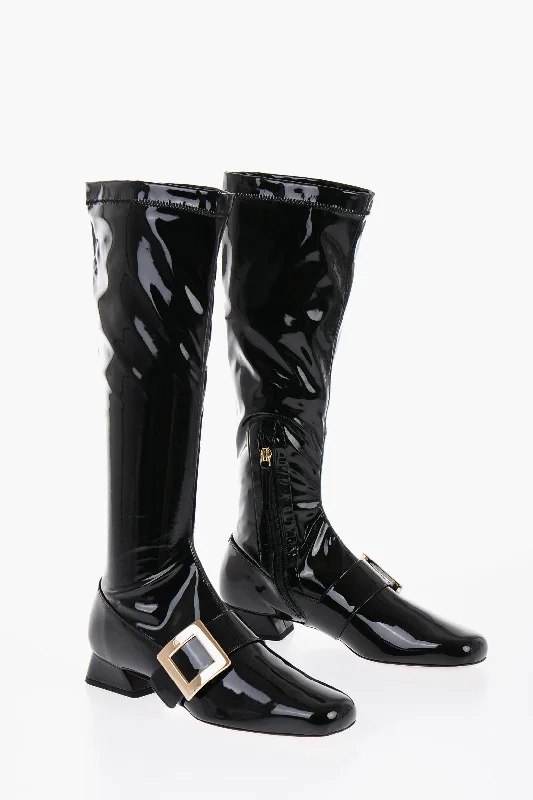 Comfortable Stretch Shoes Promotion Roger Vivier Patent Leather Stretchy High Boots With Buckle 3Cm Comfortable Stretch Shoes Promotion Roger Vivier Patent Leather Stretchy High Boots With Buckle 3Cm