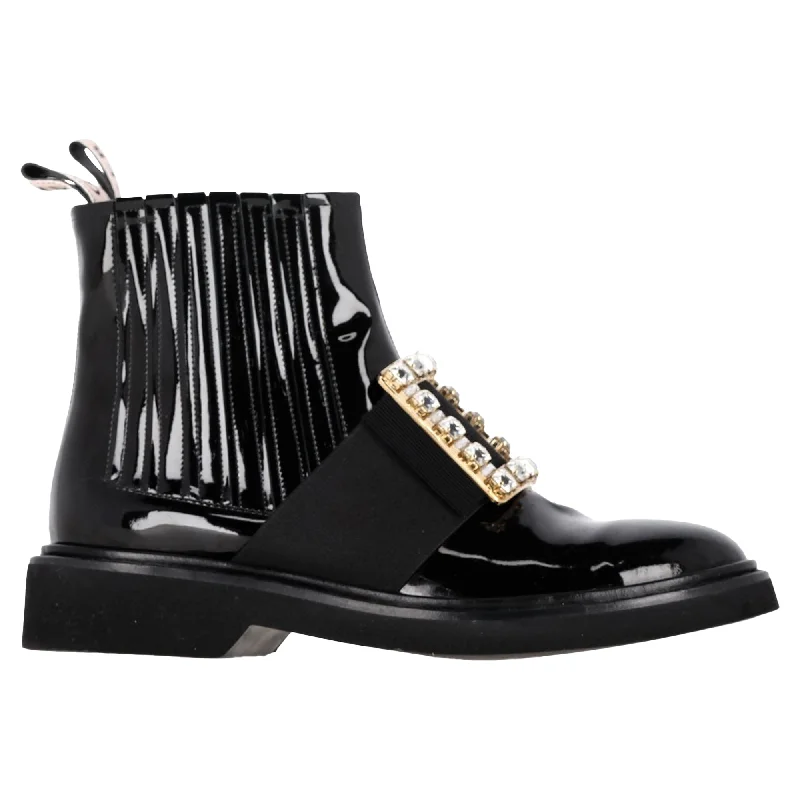 Comfortable Walking Shoes Roger Vivier Viv Rangers Chelsea Booties in Black Patent Leather