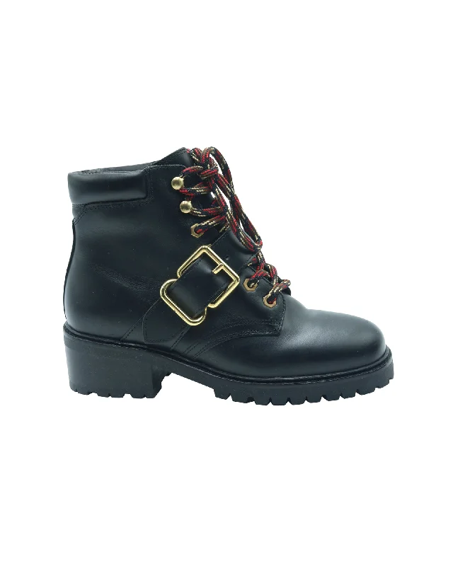Casual Women's Flats Sandro Buckle Combat Boots in Black Leather