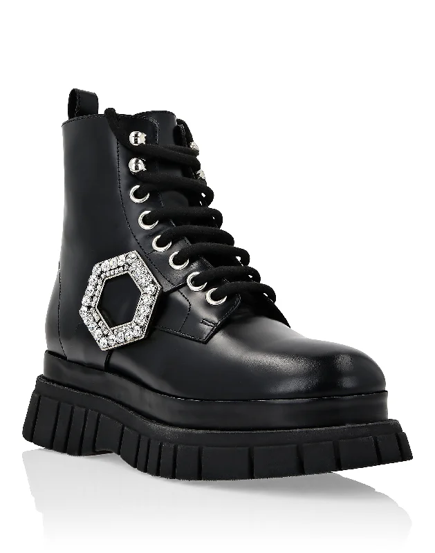 Fashionista Sale Shiny Leather Boots Mid Flat Crystal Hexagon