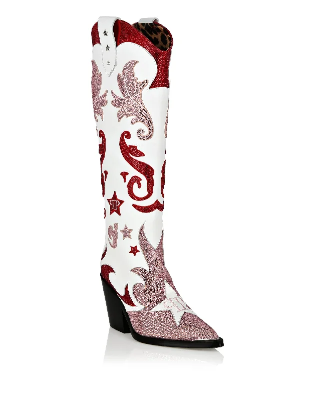 Budget Friendly Strass Cow Boy Boots Mid Heels High Stars