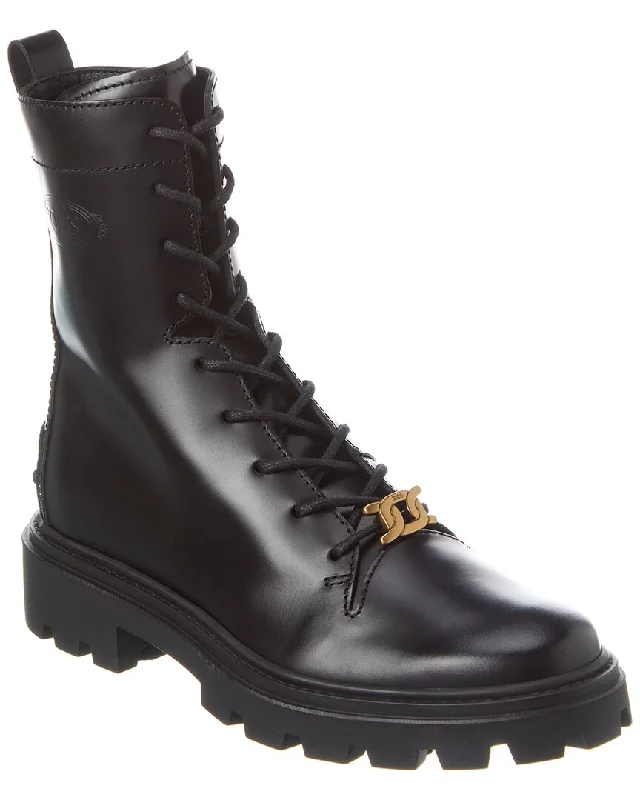 Modern Flat Shoes Offers TOD’s Logo Leather Combat Boot