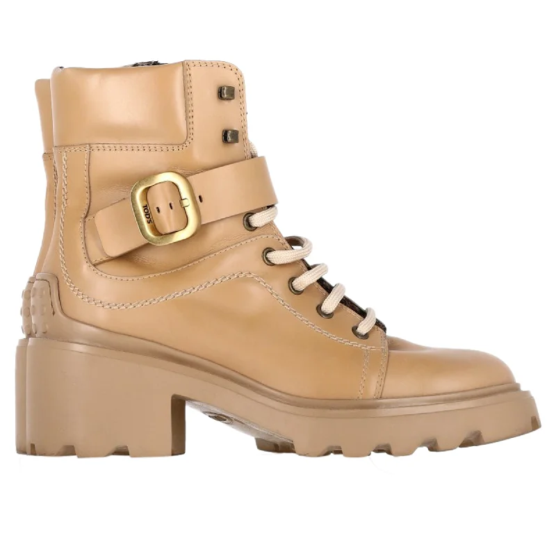 Cozy Chic Promotions Tod's Buckled Lace-Up Heeled Combat Boots in Brown Calfskin Leather