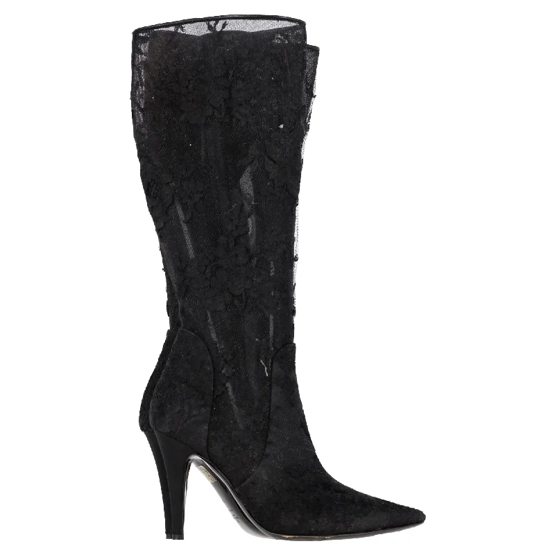 Comfortable Work Shoes Valentino Garavani Floral Lace Detail High Heel Mid-Calf Boots in Black Polyester