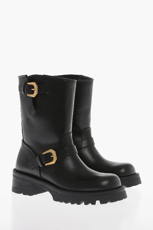 Playful Fashion Offers Versace Leather Biker Booties With Brass Buckles