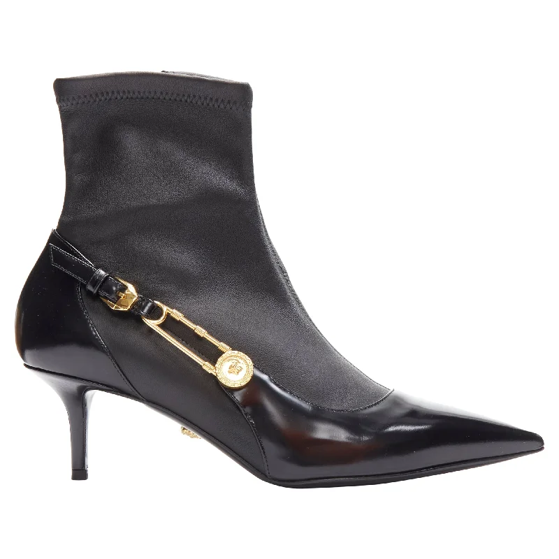 On-Trend Fashion Offers Versace Medusa Punk Safety Pin leather kitten heel bootie