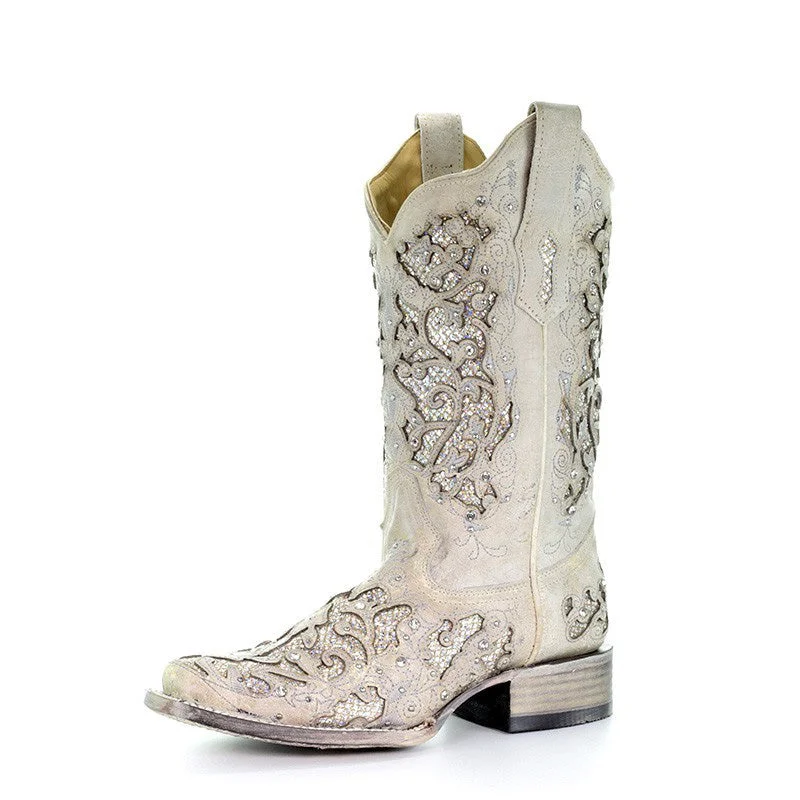 Pastel Styles Corral Women's White Glitter Inlay Boots