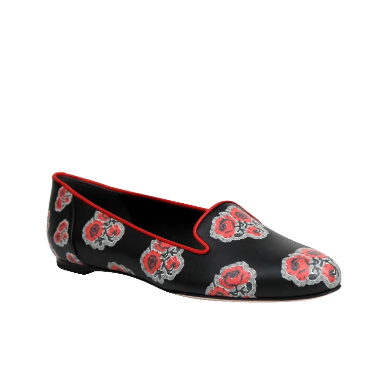 Hot Styles Alexander McQueen Women's Rose Pattern Black Leather Slipper Shoes