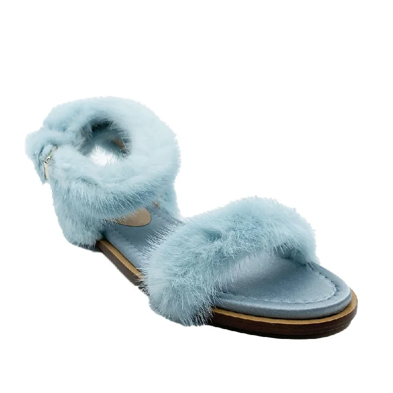 Weekend Exclusive Valentino Women's Mink Fur Leather Ankle-Strap Flat Sandals Light Blue