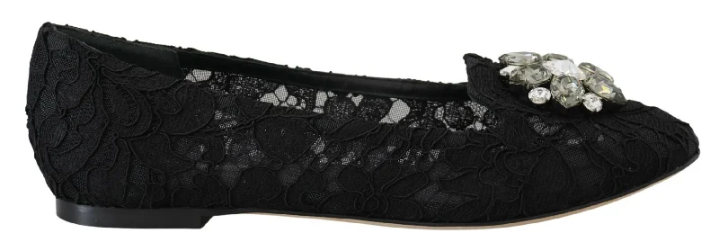 Affordable Luxury Fashion Dolce & Gabbana  Black Lace Ballerina Flats with Crystal Embellishments
