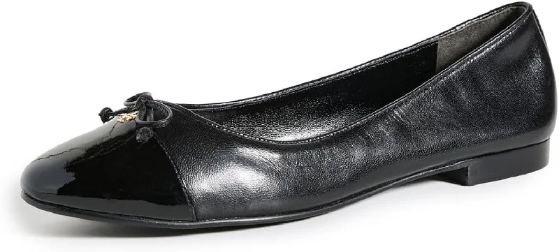 Shop The Hottest Deals Tory Burch Women's Cap Bow Toe Leather Ballet Flat, Perfect Black/Perfect Black