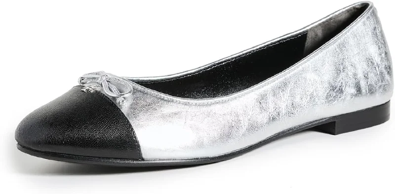 Flash Sales Tory Burch Women's Cap-Toe Ballet Flats w/Bow, Silver/Perfect Black