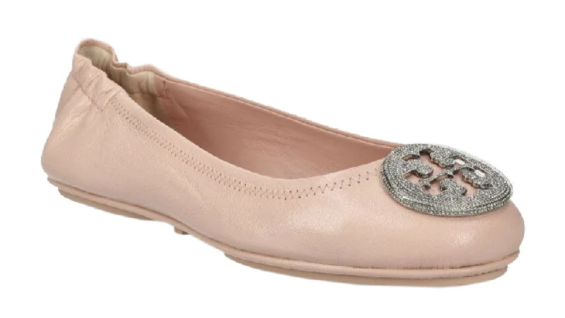 Final Sale Tory Burch Women's Minnie Pave Logo Ballet Flats, Shell Pink/Silver