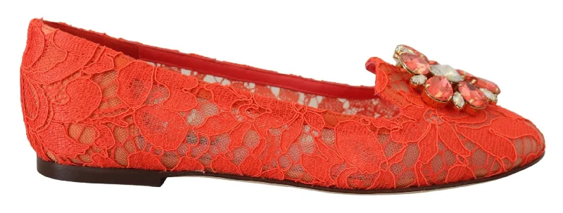 Stylish Walking Shoes Dolce & Gabbana Elegant Lace Vally Flats in Coral Women's Red