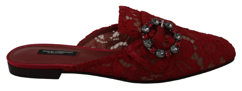 Lightweight Fashion Shoes Dolce & Gabbana Radiant Red Slide Flats with Crystal Women's Embellishments