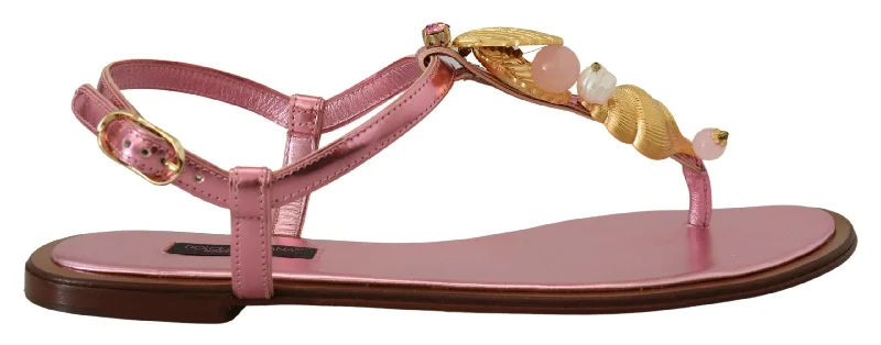 Women's Foot-Friendly Shoes Dolce & Gabbana Chic Pink Leather Sandals with Exquisite Women's Embellishment