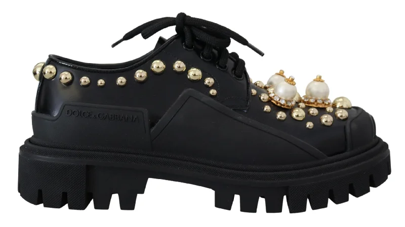 Outdoor Shoes Sale Dolce & Gabbana Timeless Black Leather Derby Flats with Glam Women's Accents