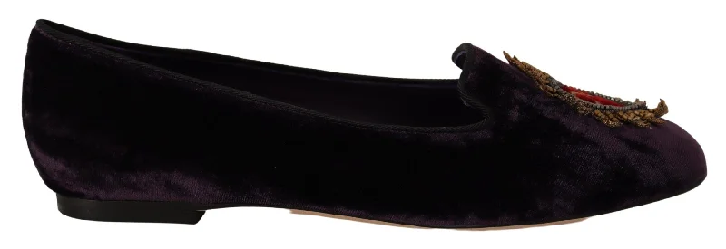 Premium Footwear Sale Dolce & Gabbana Chic Purple Velvet Loafers with Heart Women's Detail