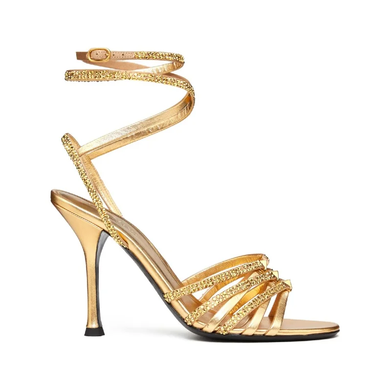 Special Offers, Don't Miss Valentino Garavani Rockstud Strappy Gold Heeled Sandals in Nappa Leather