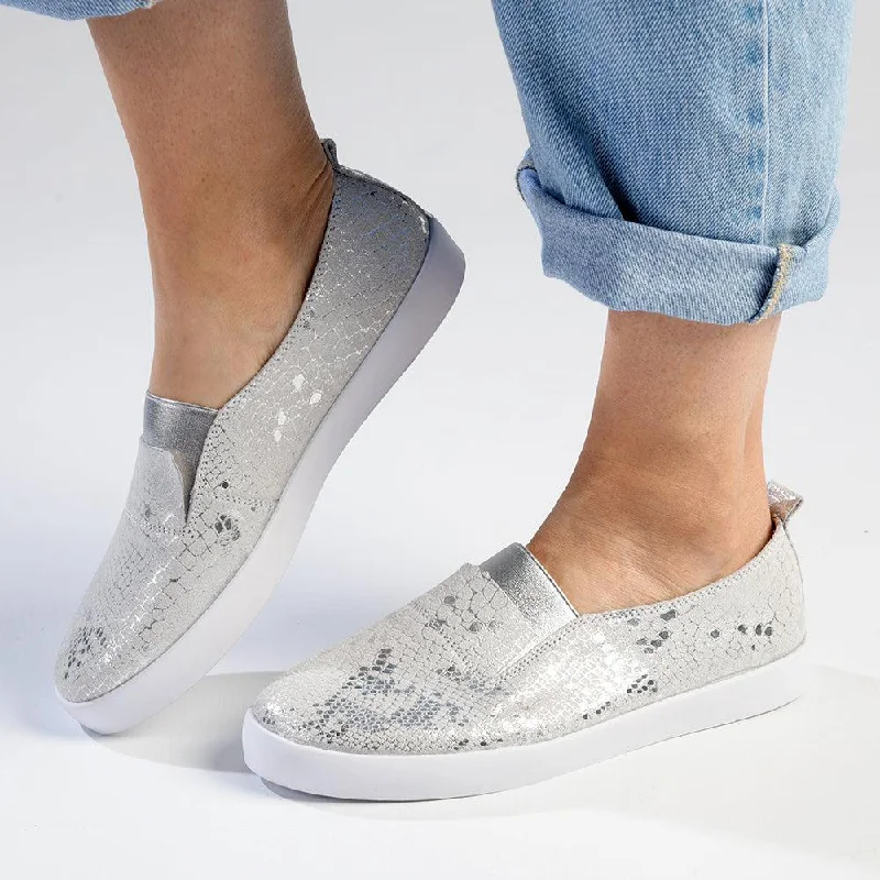 Women's Non-Slip Flats Julz Fran Leather Metalic Slip On- Silver