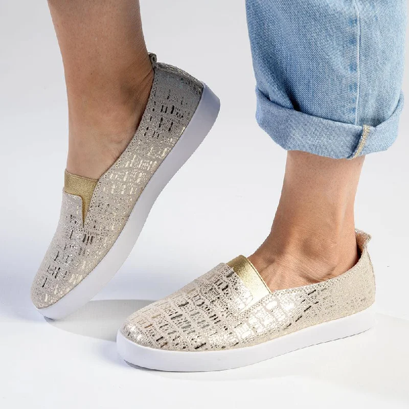 Comfortable Breathable Running Shoes Julz Fran Leather Metallic Slip On- Gold