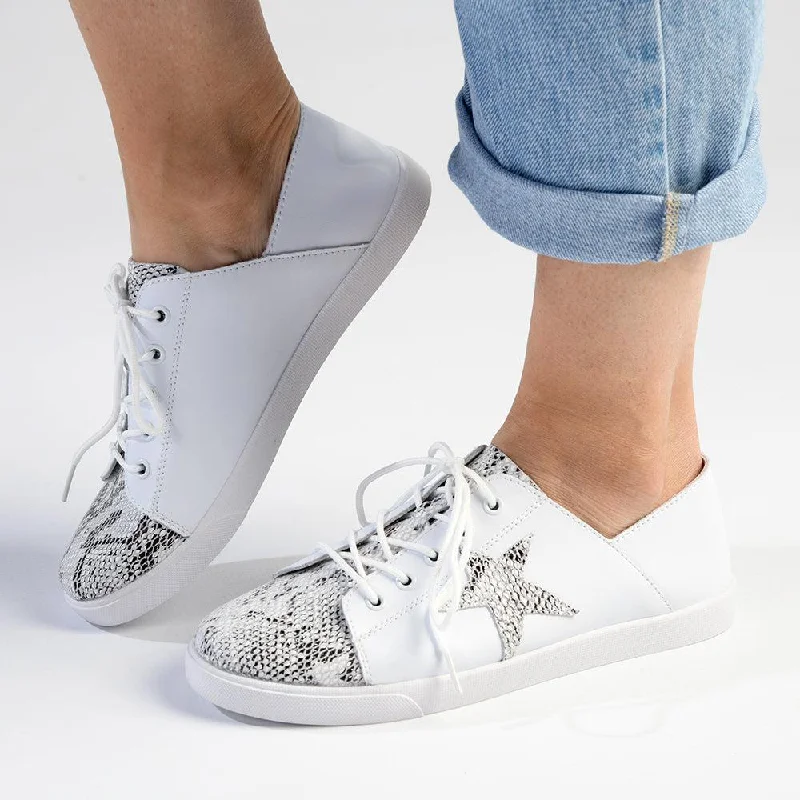 Comfortable Walking Shoes Julz Nicki Leather Sneaker With Star Detail -White/Silver